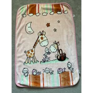 Vintage Primor pink giraffe baby blanket - birds - moon - plush -39" x 55"